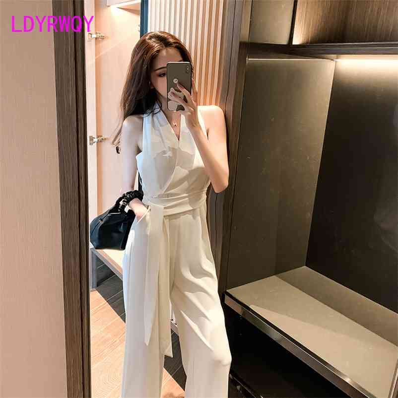 

LDYRWQY summer Korean version of the black neck high waist wide leg fashion temperament jumpsuit 210603, White