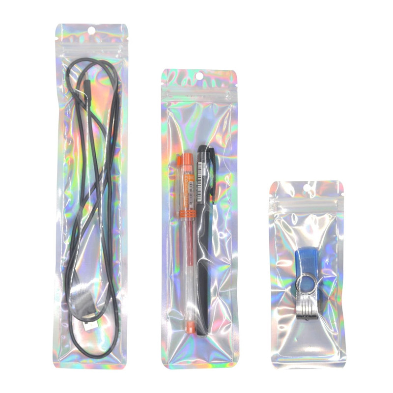 

Holographic Storage Flat Zip Lock Bags Laser Mylar Foil Pouch One Side Clear Reusable Cosmetic Package Bag with Hang Hole