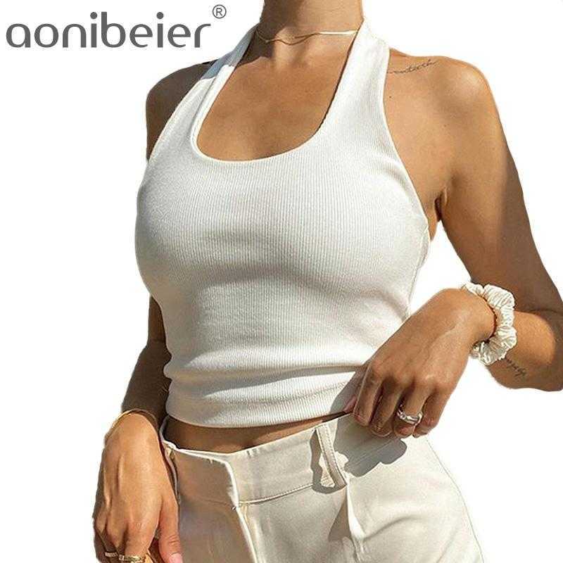 

White Crop Tank Top T Shirt Women Sexy Backless Sleeveless Halter Neck Ladies Cropped Camisole Short Tops Basic Summer 210604