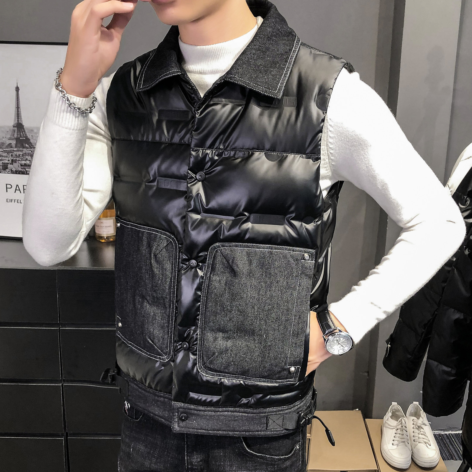 

2021 New Coreano Para Baixo Masculino Inverno Moda Casual Sem Mangas Jaqueta Masculina Fino Grosso Quente e Bolso Colete Juventude Roupas Te, Black
