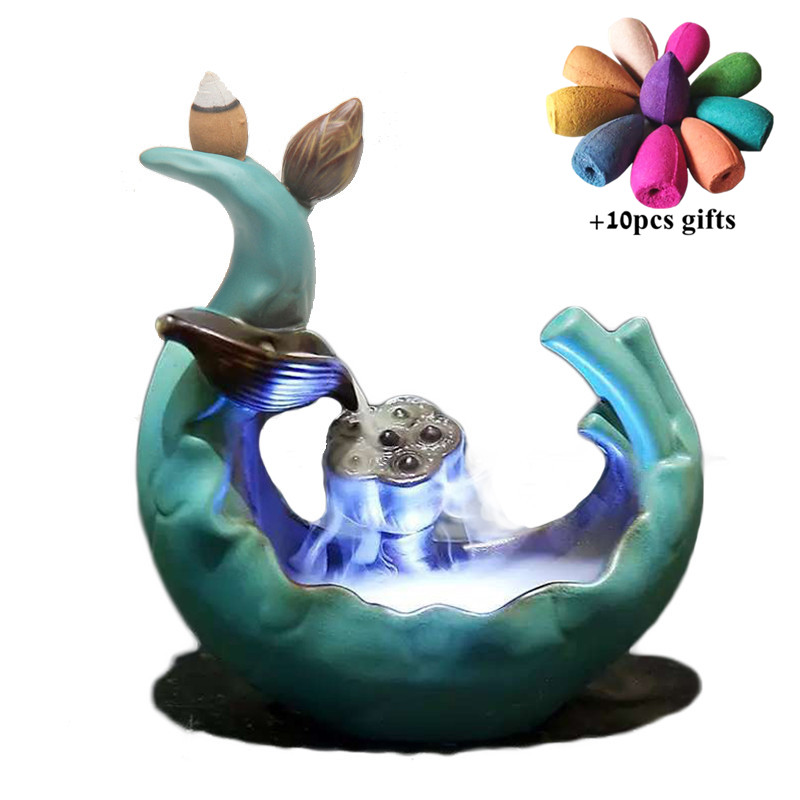

Ceramic Antique LED Lotus Backflow Incense Burner Smoke Waterfall Censer Incense Holder Home Office Decor + 10pcs Cones, Slivery;golden