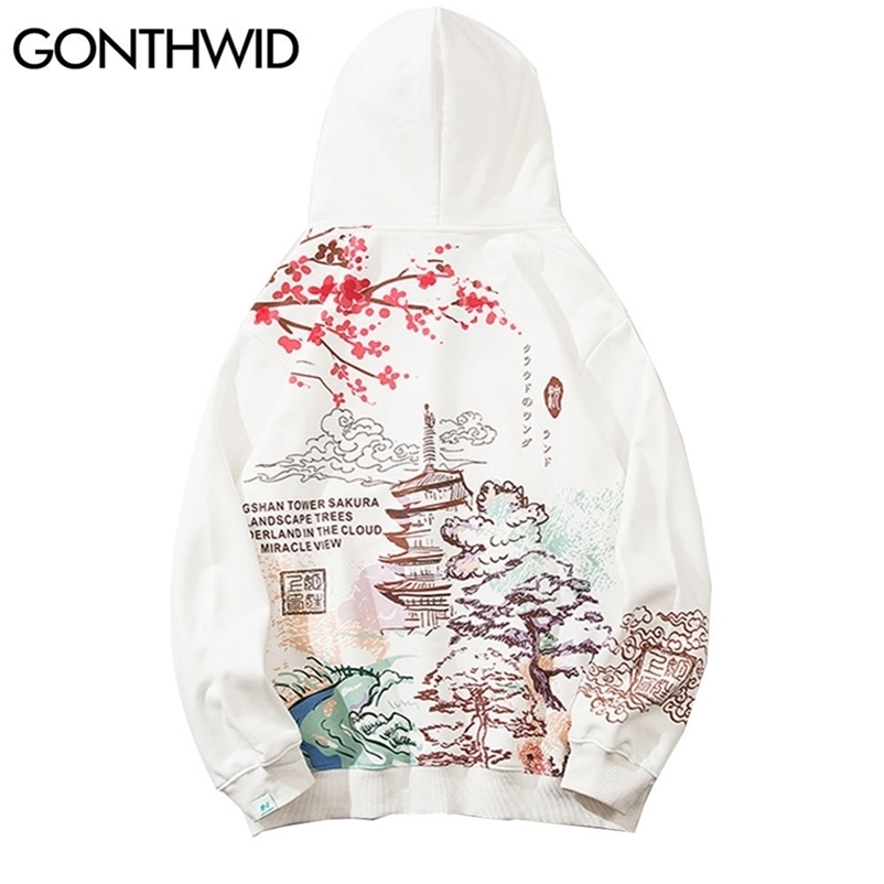 

GONTHWID Chinese Style Cherry Blossoms Tower Print Hoodies Sweatshirts Streetwear Men Hip Hop Casual Hooded Sweat Shirts Tops 201127, Black