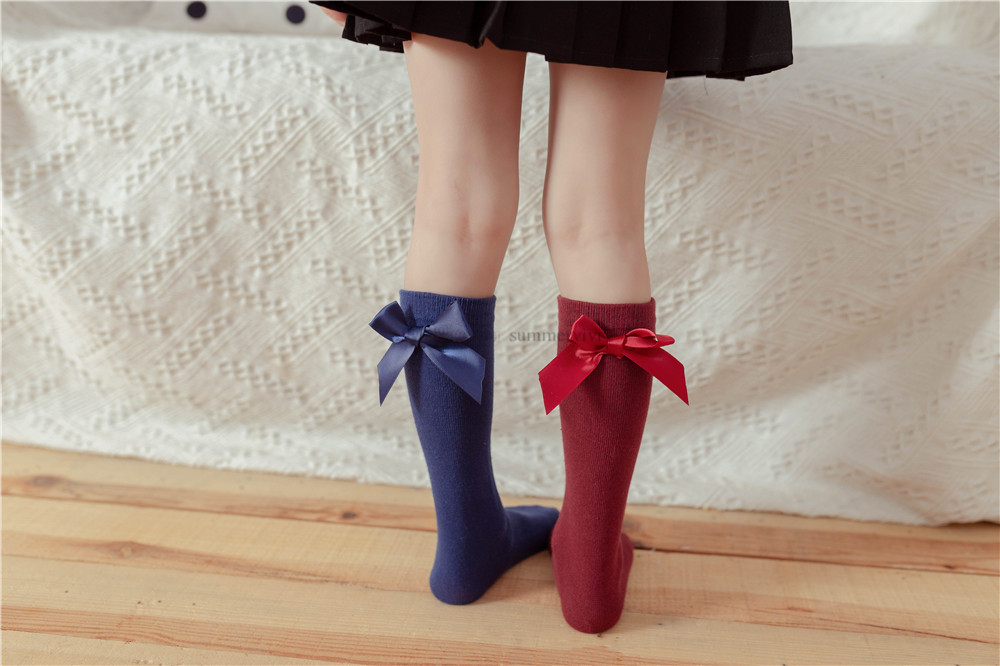 

INS Kids socks Girl ribbon Bows long sock children knitted cotton princess leg girls students dance legs A7546, Light purple