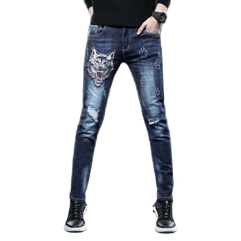 

New 2021 Brand Designer Ripped Jeans Male Wolf Head Luxury Embroidery Skinny Jeans Men Fashion Slim Handsome Casual Long Pants, Blue