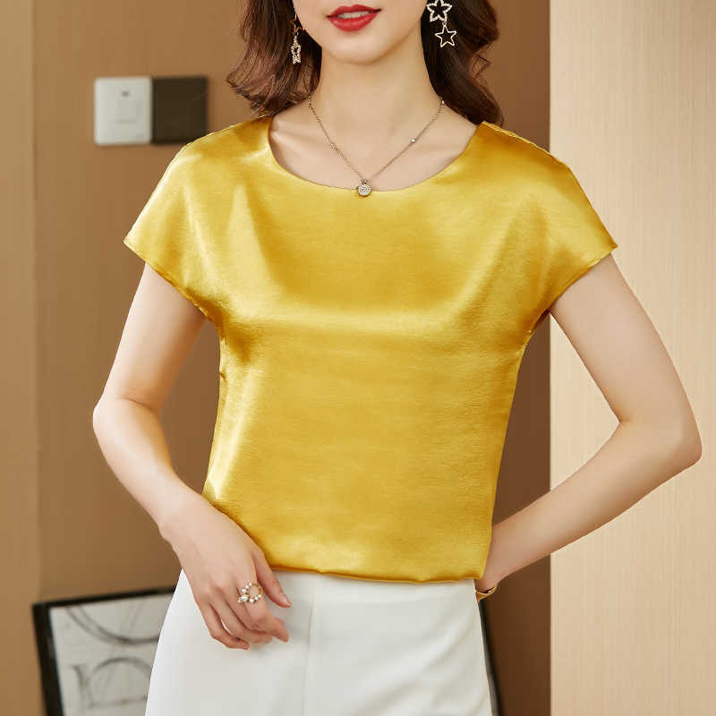 

Summer Satin Blouses Simple Fashion Basic Batwing Short-sleeved Blouse O-Neck Shirt Classic Woman Tops OL Women Shirts 210604, Haze blue