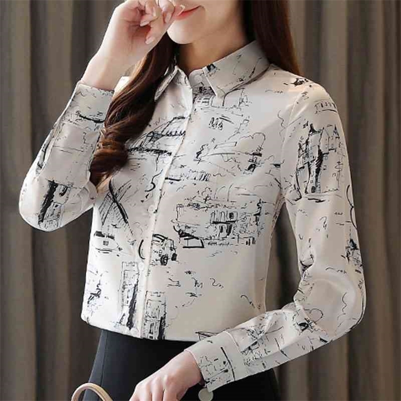 

Womens Tops And Blouses Long Sleeve Print Chiffon Blouse Shirt Clothes Tops Women Blusas Mujer De Moda Blouse Women C978 210602, White