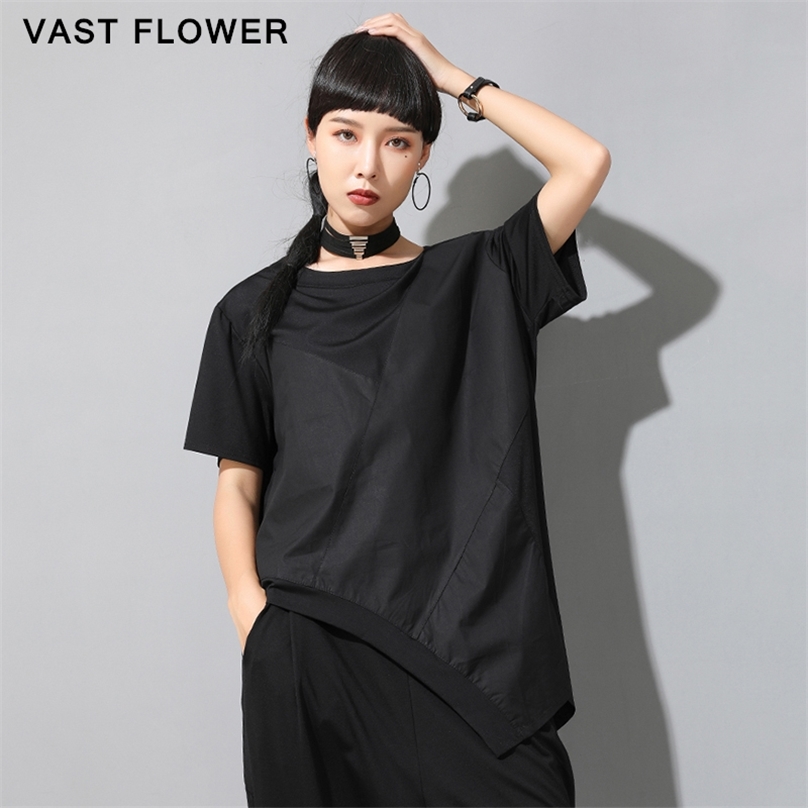 

Women Black Irregular Patchwork Plus Size T-Shirt Summer Casual Loose Short Sleeve Tee Shirt Tops Clothes Fashion 210720