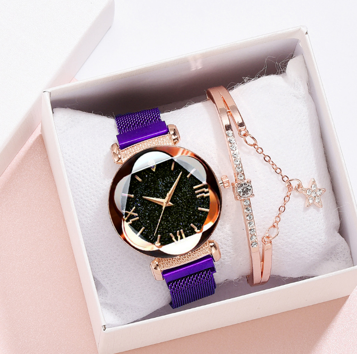

MULILAI Brand Starry Sky Luminous Quartz Beautiful Womens Watches Magnetic Mesh Band Flower Dial Ladies Delicate Watch, No send watch for shipping