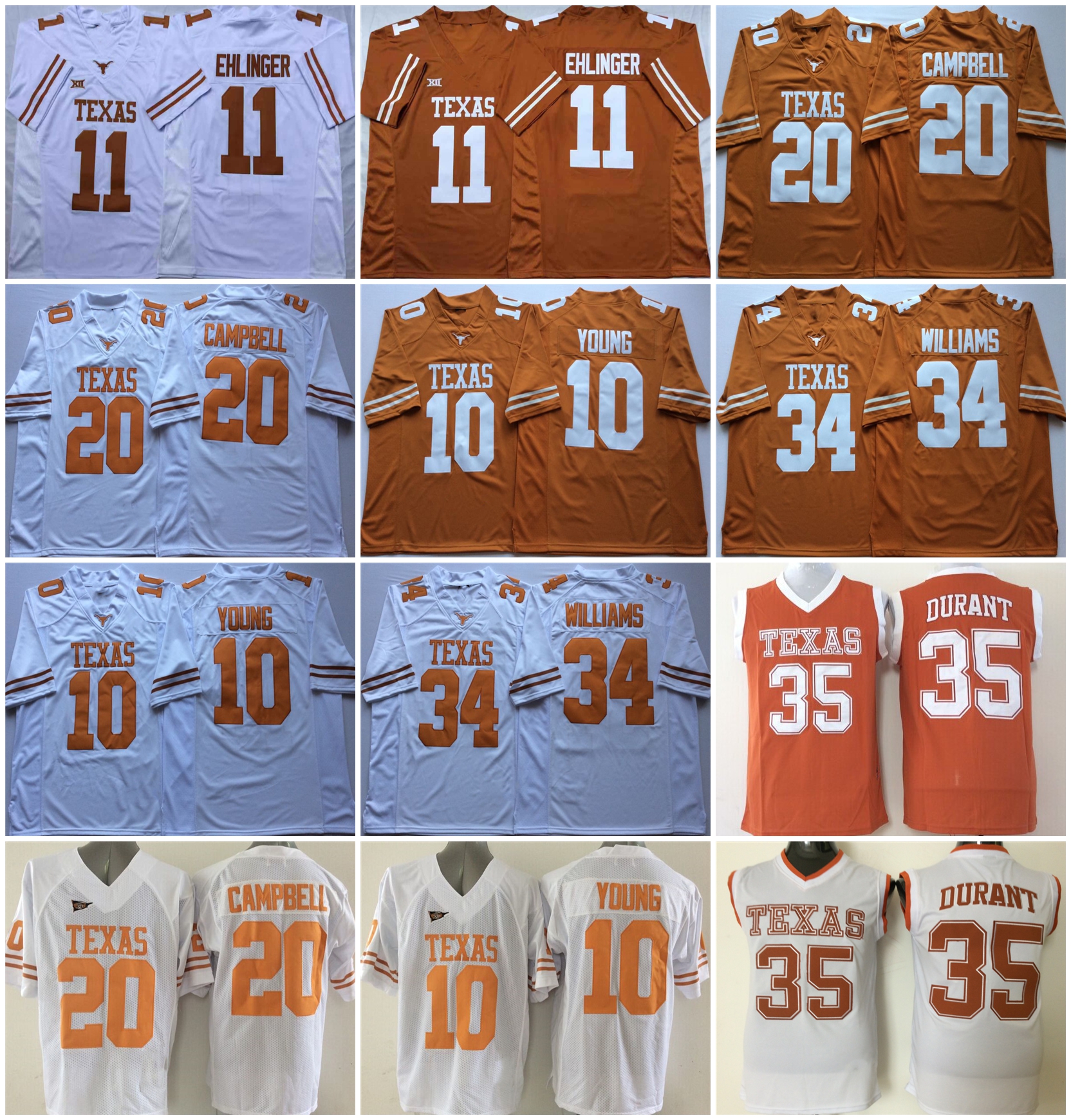 

2021 NCAA America Football Jersey Texas Longhorns Jerseys Kevin 35 Durant 20 Earl Campbell 10 Vince Young 12 Colt Mccoy 98 Brian Orakpo 11 S, Black