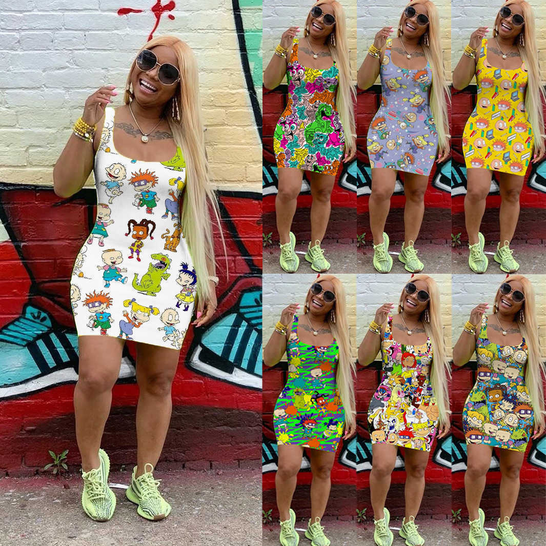 

7 Color Womens Summer Dress Designer Cartoon Mini Skirt Sleeveless 1 Piece Dress Nightclub Plus Size -XXL Ladys Summer Clothing DHL, Mix color or leave a message