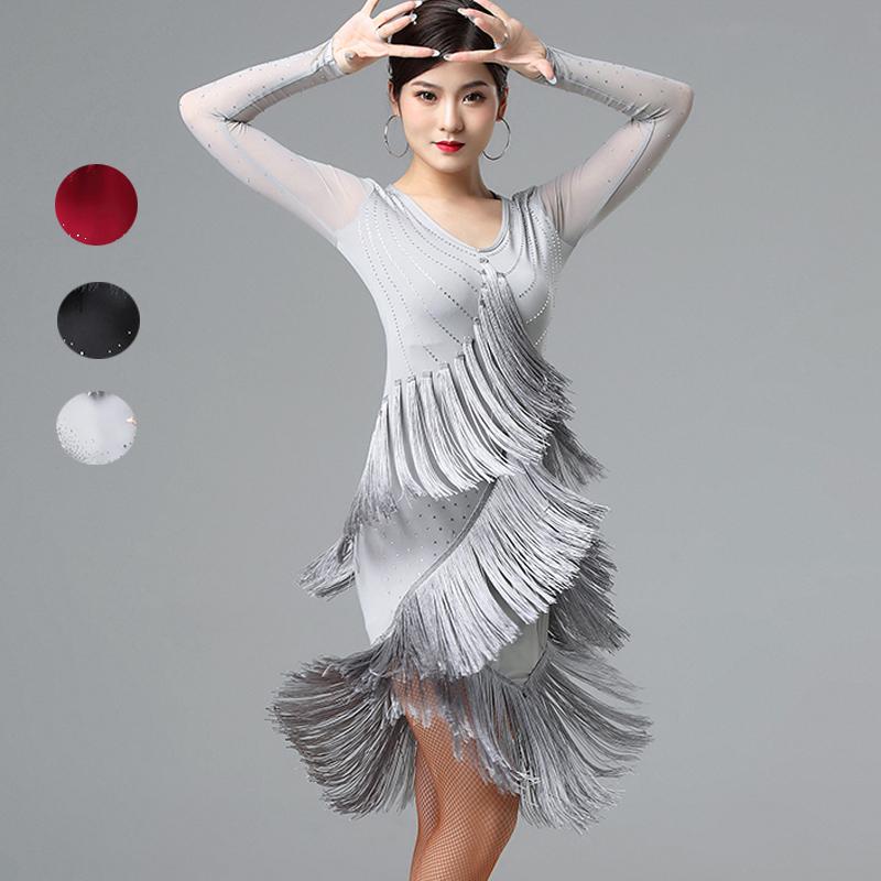 

Stage Wear Latin Dance Dress Female Performance Cha Rumba Fringe Competition Dresses, Black;red