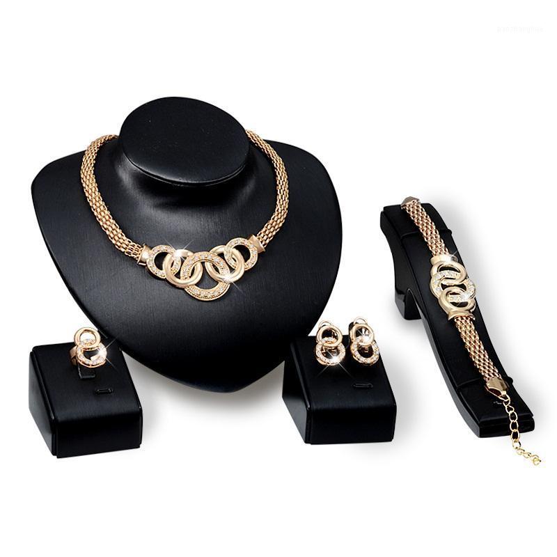 

Earrings & Necklace 4 Piece Fashion Gold Set Bracelet Ring Wedding Jewelry Accessories Gift For Ladies Women, Silver