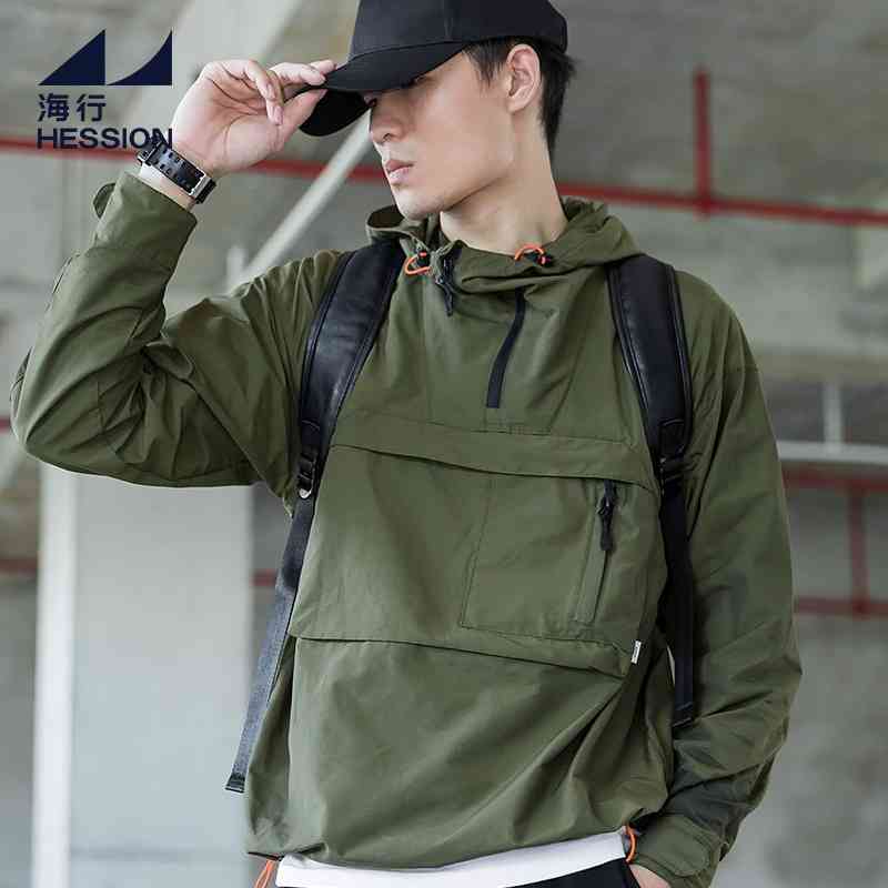 

Military green men's Pullover Hooded Sweater single layer windproof sports stormsuit trend semi zipper casual coat, Black