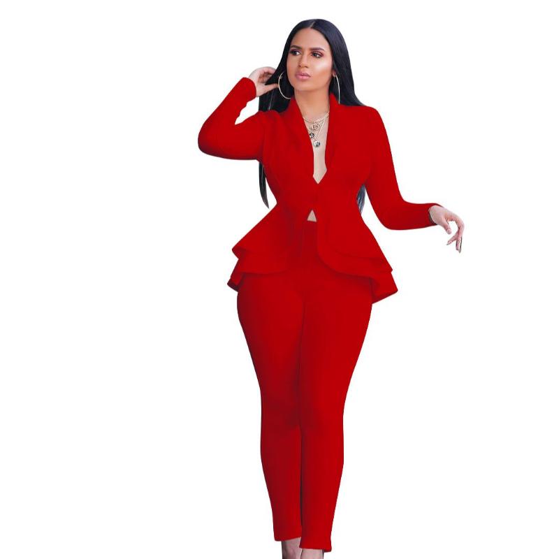 

Women's Two Piece Pants 2021 Fashion Flounces Air Layer Professional Wear Business Casual Uniform Coat And Pant Suit, White