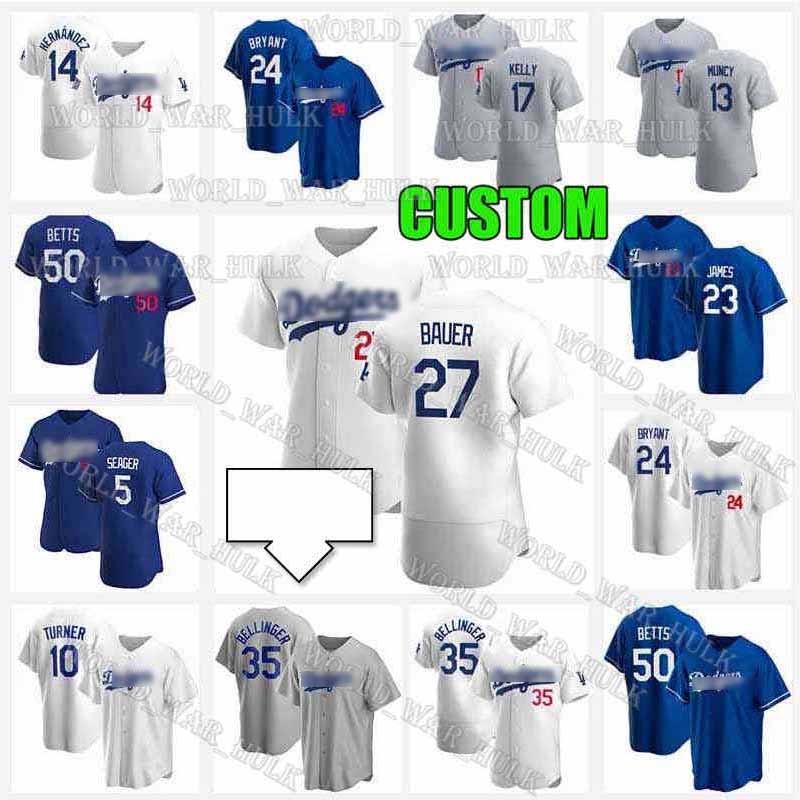 

27 Trevor Bauer 14 Enrique Hernandez Jersey 50 Mookie Betts 5 Corey Seager 17 Joe Kelly Dodgers 13 Max Muncy 35 Cody Bellinger, Blue;black