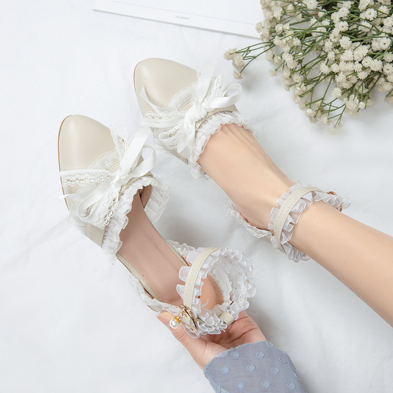 

Summer Lolita Sandals Sweet Kawaii Bowknot Girl Pointed to Japanese Toe Tea Party Stylish Lace Shoes Back Vintage Woman Shoe Down Ks80