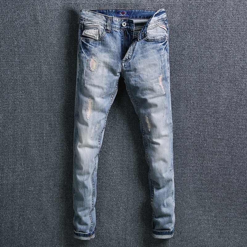 

2021 New American Streetwear Fashion Light Blue Slim Fit Ripped Men Patchwork Classical Denim Pants Hip Hop Jeans Homme Y8x3, Light blue color
