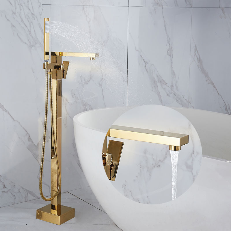 

2021 New Bathroom Faucet + Handheld Shower Free Standing Gold Luxury Bathtub Mixer Taps Floor Mounted Giie