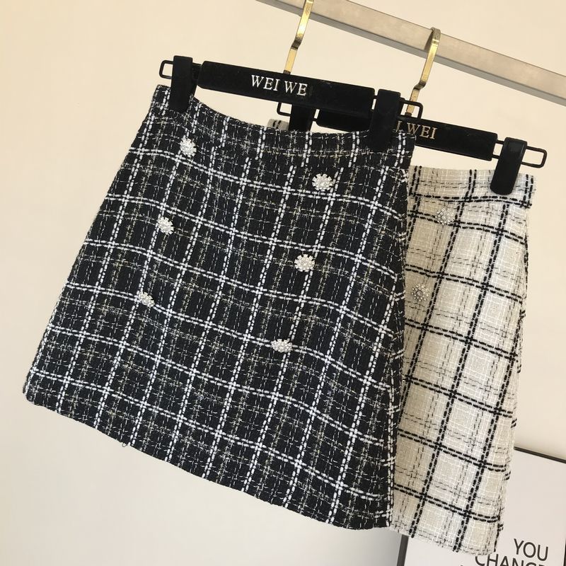 

2021 New Plaid women autumn and winter double-breasted woolen bag hip skirt SMBI, Black