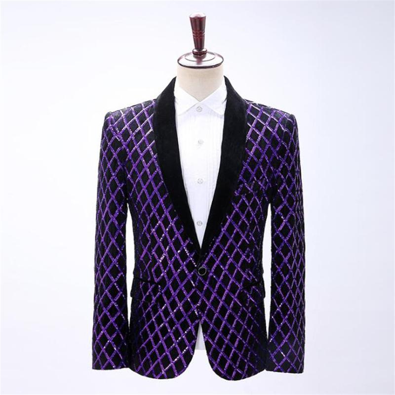 

Men's Suits & Blazers Men Suit Wedding Sequined Dress Purple Velveteen Diamond Holding Singer Anchor Boy Stage Performance Master