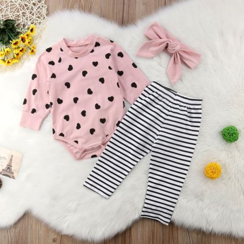 

New Autumn Winter Newborn Infant Baby Girl Clothes Set 3PCS Long Sleeve Heart Pink Romper Tops Striped Pants+Headband, Default color