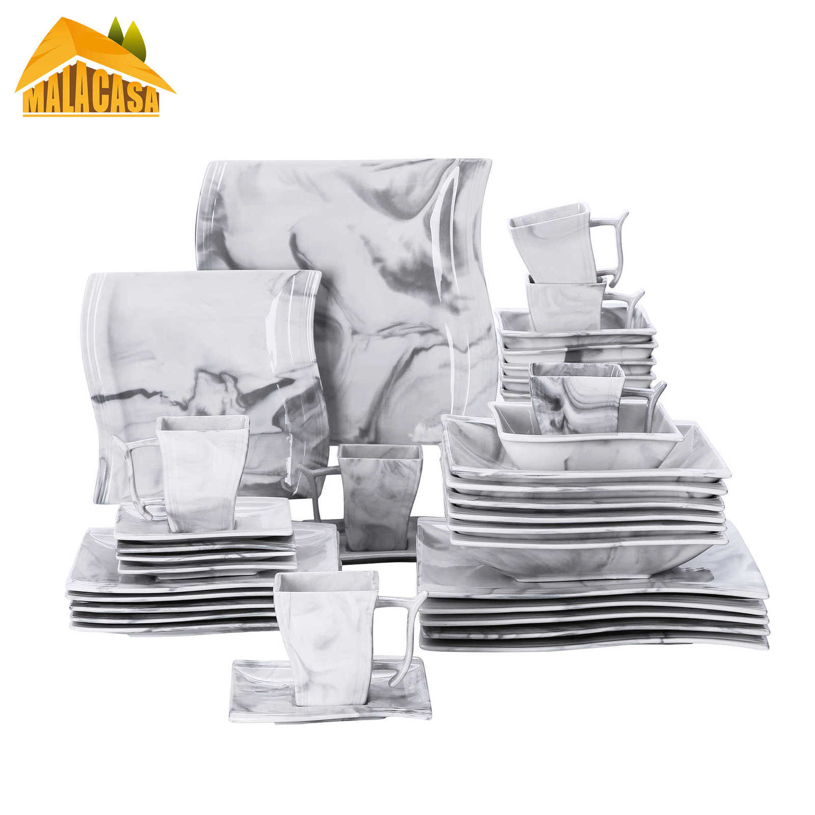 

MALACASA FLORA 36-Piece Marble Grey Porcelain Dinner Set with 6*Dinner&Dessert&Soup Plate,Cups&Saucers,Bowls Tableware Set 211012, Deep blue