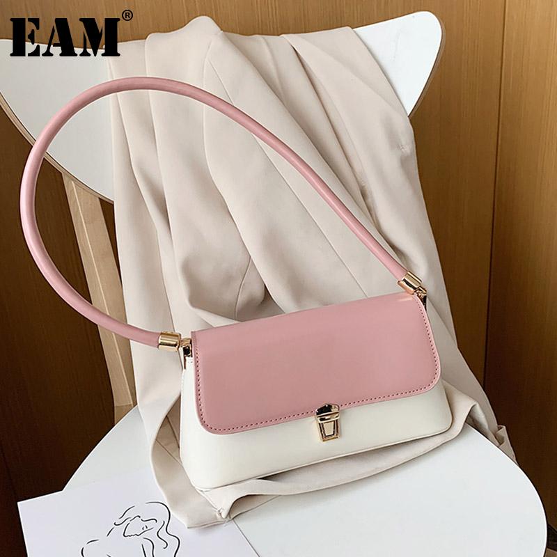 

[EAM] Women New Contrast Color High Quality PU Leather Flap Personality All-match Crossbody Shoulder Bag Fashion 2021 18A1975, Black