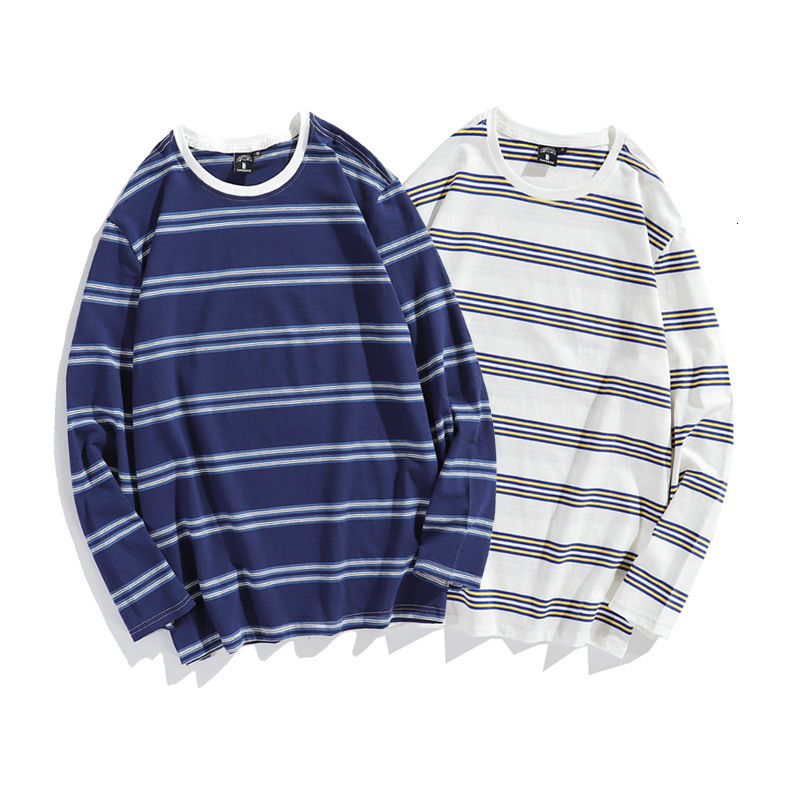 

t shirt trend hip hop ins long sleeve autumn 20 men and women's wear korean striped loose round neck, White;black