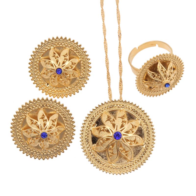 

Earrings & Necklace Ethiopian Eritrea Habesha Sapphire Jewelry Set For Women Zircon Stone Necklaces Rings African Traditional Holiday Party, Silver