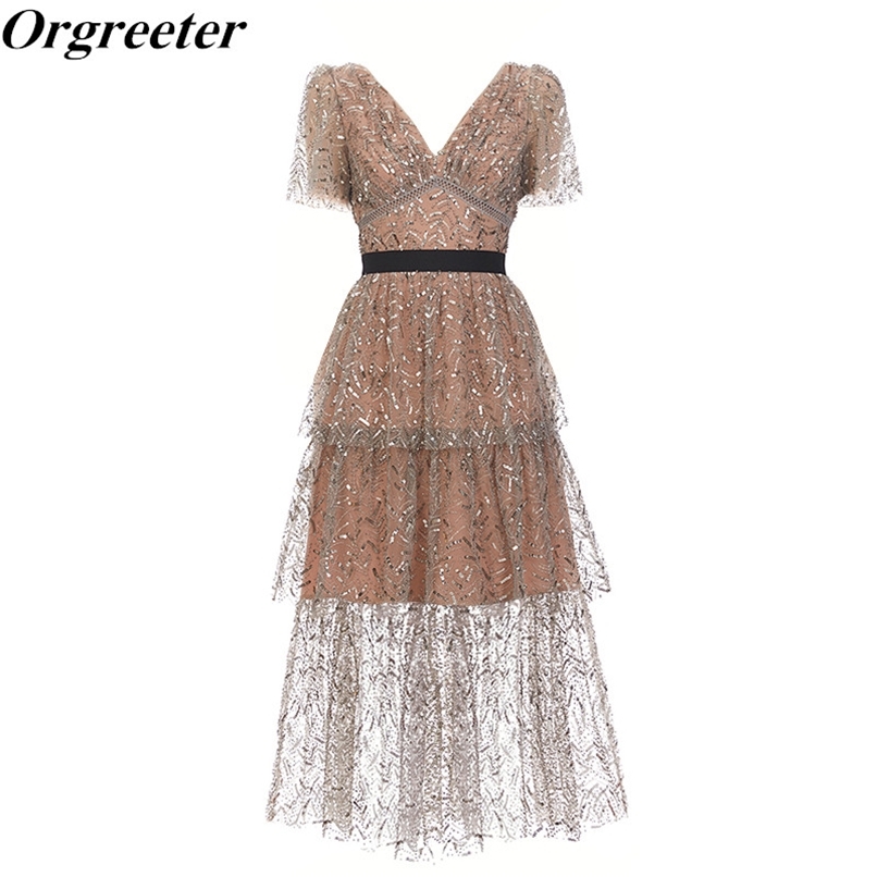 

High Quality Brand Design Embroidered Sequins Summer Long Dress For Women Retro V Neck Waist Lace Patchwork Party 210602, Short dress