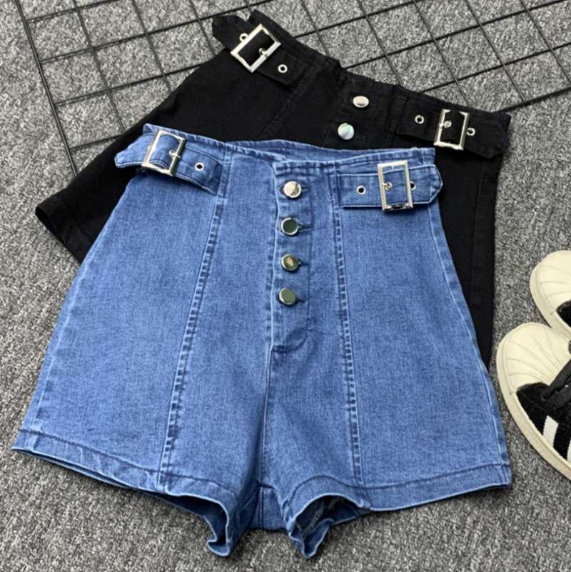 

Women Short Jeans With single Breasted 2021 Summer High Waist Casual belted wide leg Denim Shorts Ladies, Black