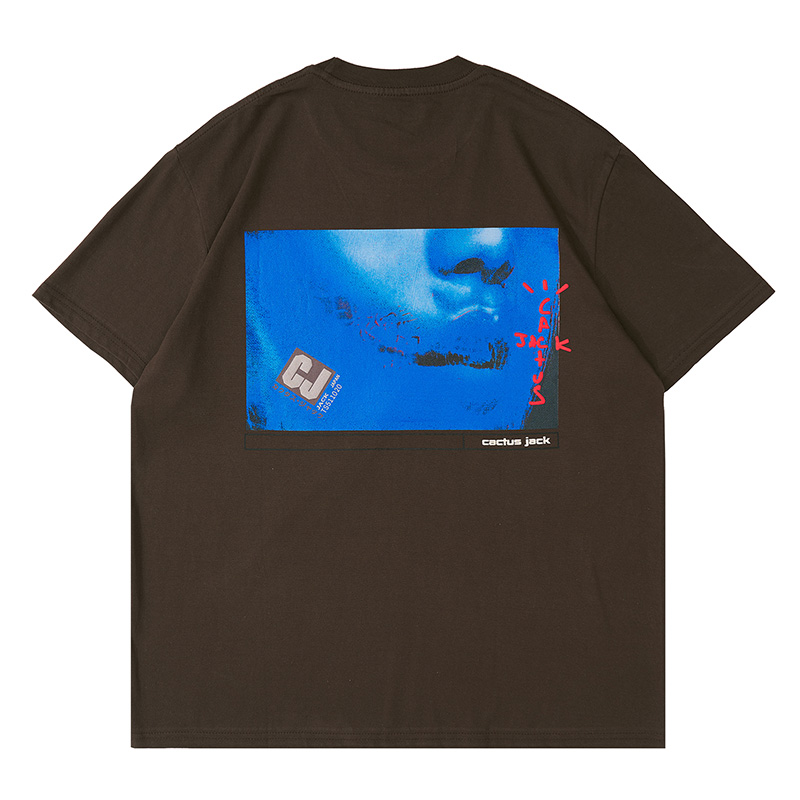 

2021 Oversize Cactus CJ Digital Girl Face Print Tee Skateboard Mens t shirt Women Street Casual Spring Summer Tshirt, Brown ts tee