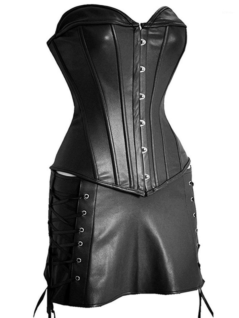 

Bustiers & Corsets Women Faux Leather Bustier Corset Dress Underwear Black Steampunk Shapewear Gothic Sexy Corselet Strapless Lace Up Body