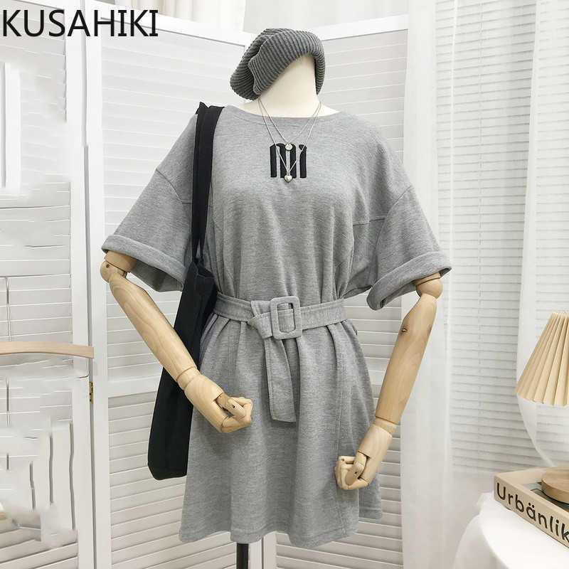 

Korean Letters Embroidery T Shirt Dresses Belt Slim Waist Women Dress Spring Summer Vestidos Feminimo 6F809 210603, White