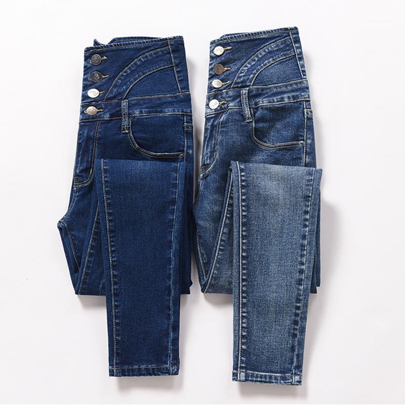 

Single Brested Split High Waist Women's Jeans Scratched Stretch Skinny Pencil Pants Denim Mujer Elastic Slim Trousers Autumn, Dark blue