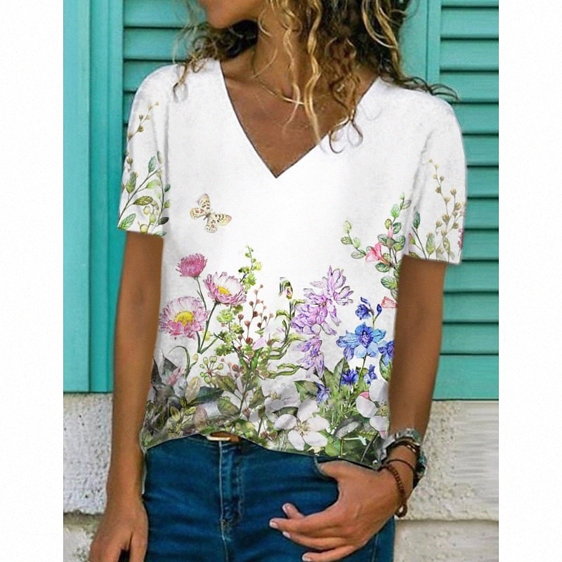 women's Floral Theme Painting T shirt Floral Graphic Print V Neck Basic Tops White p8hX#