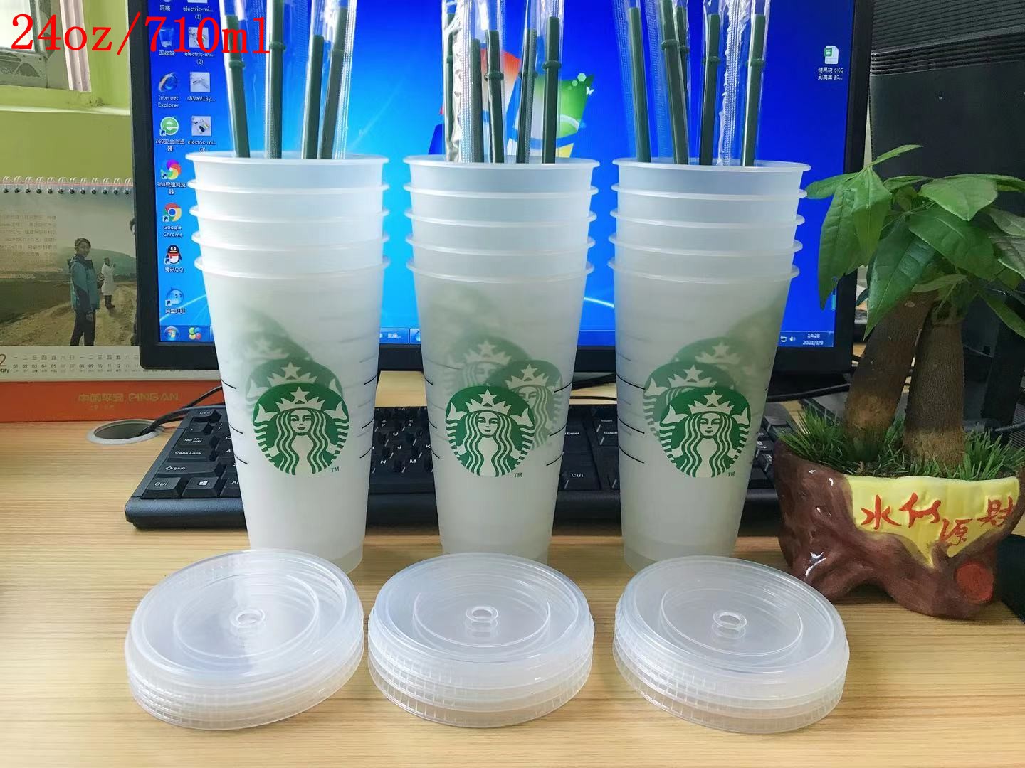 

Starbucks 710ml Plastic Tumbler Reusable Clear Drinking Flat Bottom Cup Pillar Shape Lid Straw Mug Bardian 50pcs Free DHL