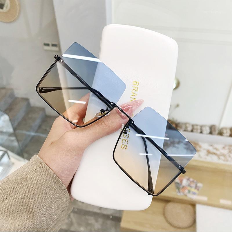 

Big Sun Glasses For Women Fashion 2021 Luxury Blue Tea Gradient Square Sunglasses Ladies Half Frame 90s Funky Shades