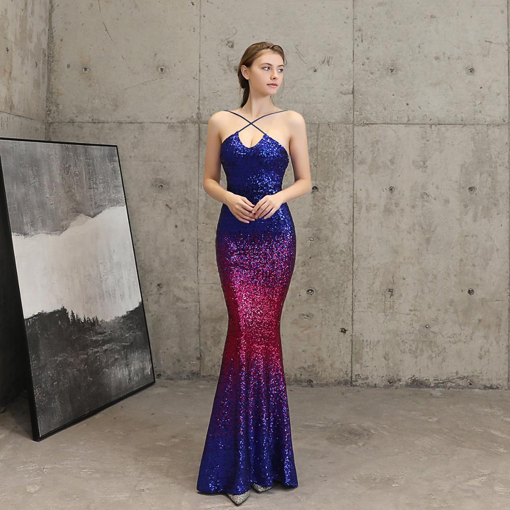 

2021 New Sexy Sequined Evening Robe De Soiree Halter Straps Back Sleeveless Mermaid Long Prom Party Ym6a, Picture color