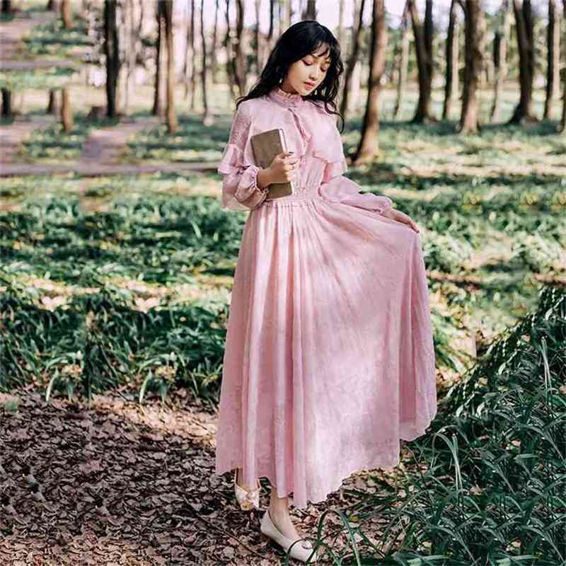 

Summer Maxi Vintage Long Women Dress Elegant Ankle-Lenght Full Sleeve Jacquard Chiffon Vestido Pink Party 210603, Blue