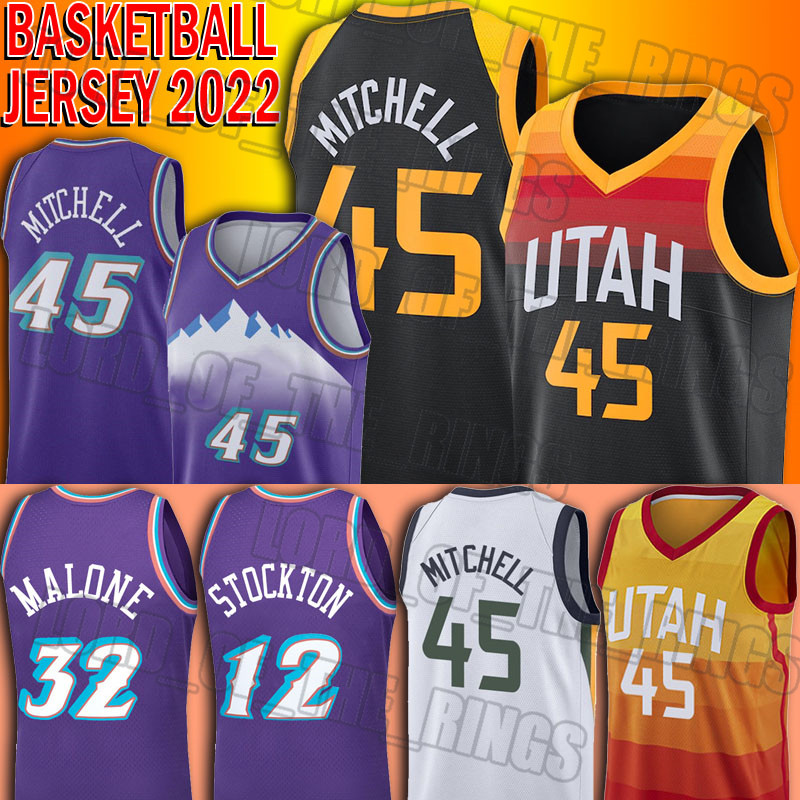 

Utahs Donovan 45 Mitchell Basketball Jersey Throwback John 12 Stockton Karl 32 Malone Jerseys, Black;red