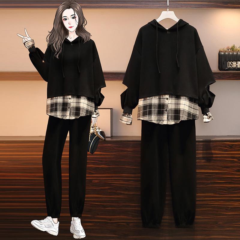 

Women's Two Piece Pants Loose Casual Plaid Shirt For Plump Girls Two-Piece Suit Rac, White