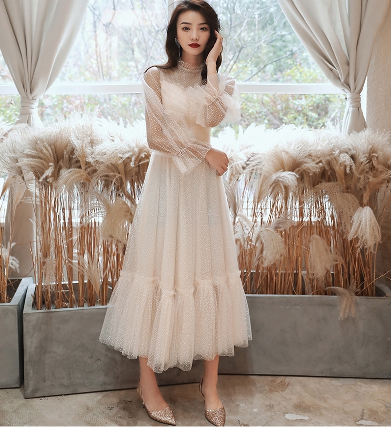 

2021 New Elegant Muslim Tea Length Evening High Neck Ruffles Lace Prom Formal Gowns Abendkleider Vestido De Fiesta 23s0, White