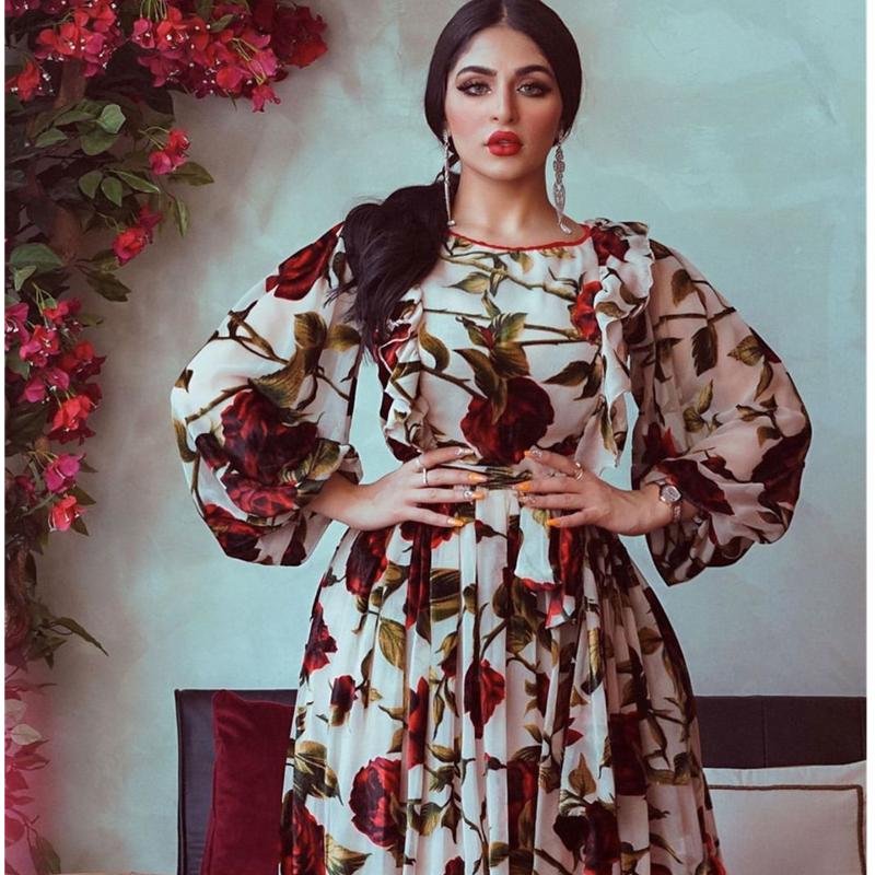 

Women Dress 2021 New Rose Print Long Sleeve Evening Party Dress O neck Plus Size Loose Chiffon Dresses Vestidos African Clothes, As picture