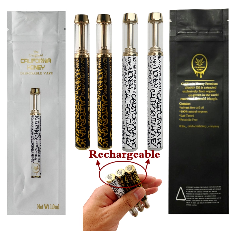 

California Honey Disposable Vape pen Copper Gold Tips Atomizers 1ml Thick Oil Cartridge Vaporizer empty Packaging Bags High Quality E-cigarettes
