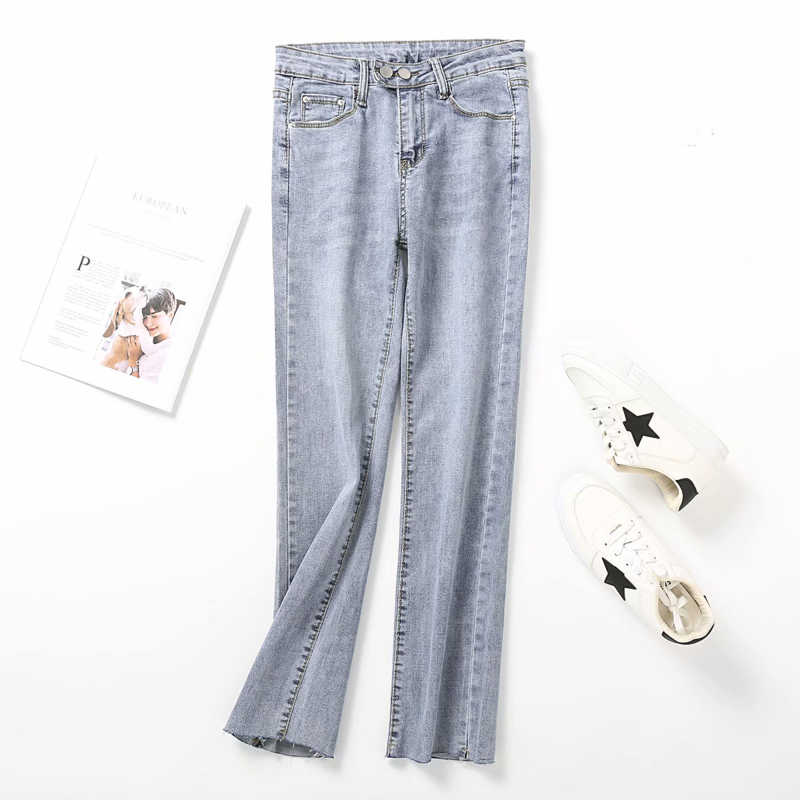 

jeans m2807 - korean women's clothing spring and autumn 2021 high waisted two button rough edge leggings for women, Blue