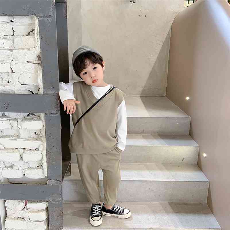 

Boys Autumn fashion outfits cotton solid color v-nech vest and sweatpants 2pcs sets children clothes set 210708, Gray