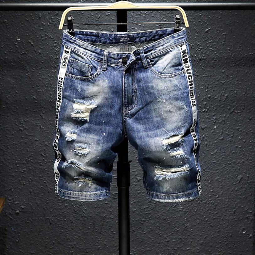 

Men's Shorts Light Blue Denim Summer Holes Short Jeans High Quality Straight Casual Jean Cotton Knee Length X3KM