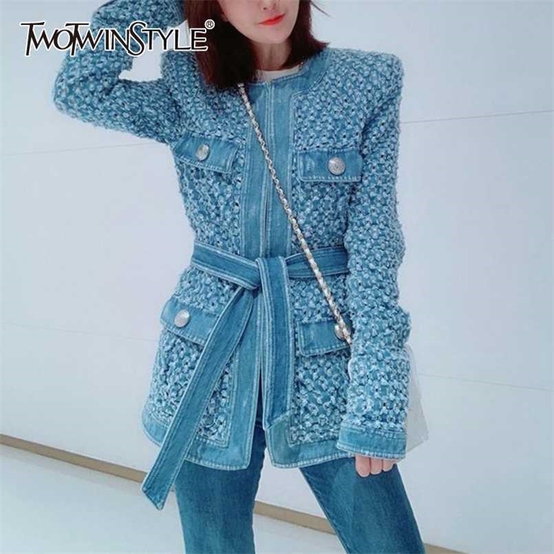 

TWOTYLE Vintage Blue Denim Jacket With Belt Waisted Ripped Hole Women Coat Autumn Long Sleeve Pockets Streetwear 211029