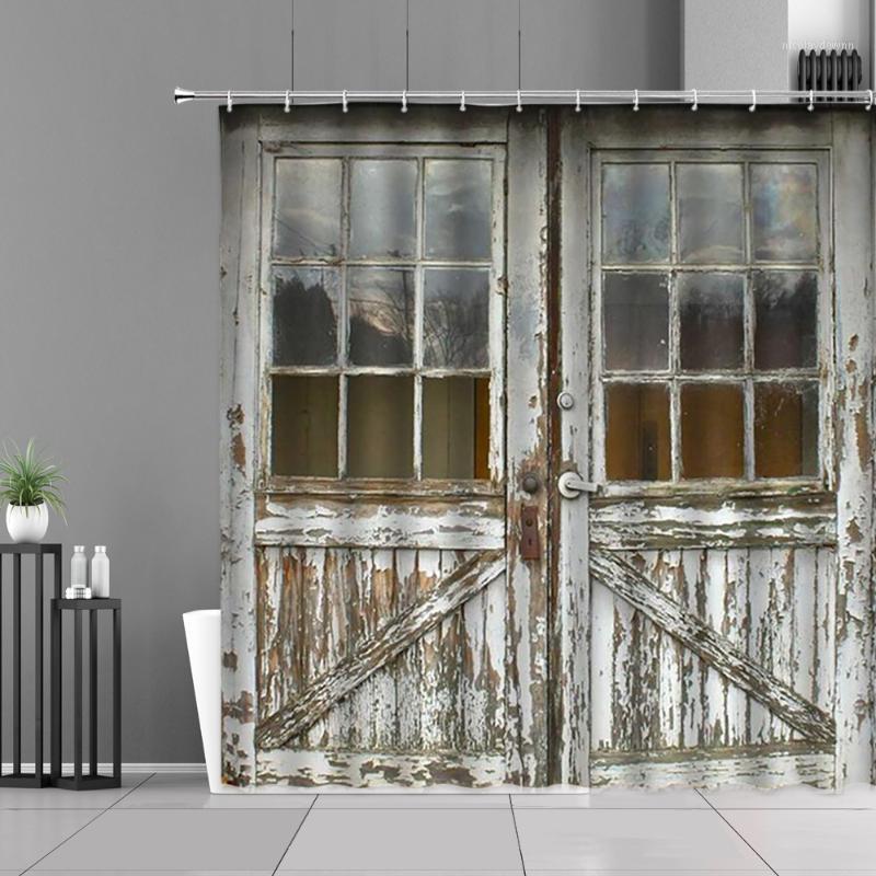 

Shower Curtains Old Vintage Wood Door Waterproof Retro Bathroom Decor Hanging Curtain Set Bath Screen Home Decoration Wall Cloth
